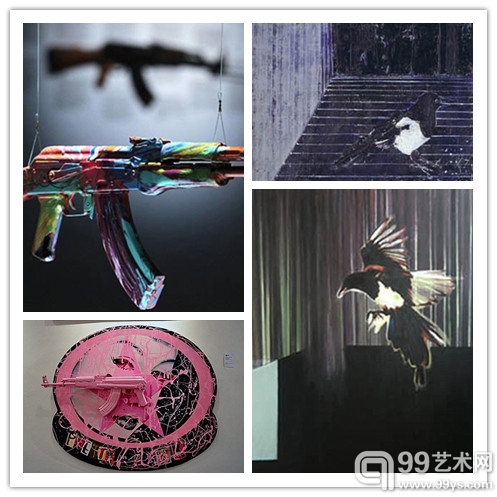 左上：在伦敦当代艺术学院展出的赫斯特作品《为和平日旋转AK47》（图片来源：美联社）；右上：赫斯特的其中一幅喜鹊主题画作；左下：苏格兰艺术家迈克尔·福布斯2006年的一幅以粉色AK47机关枪为主题的画作；右下：马克思·麦克劳克林称赫斯特抄袭他创意的2008年喜鹊主题画作