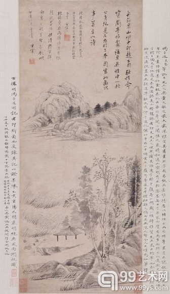 董其昌 《舟泊昇山湖》 水墨纸本 镜心 尺寸：61×28cm 吴湖帆边跋