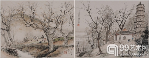 左：黎雄才 珞珈山道中 1955年作 29×37cm  右：黎雄才 武昌洪山宝通寺 1955年作 29×37cm