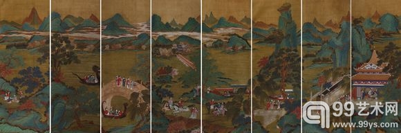 明代画家郑千里的《宫苑行乐图》通景八屏