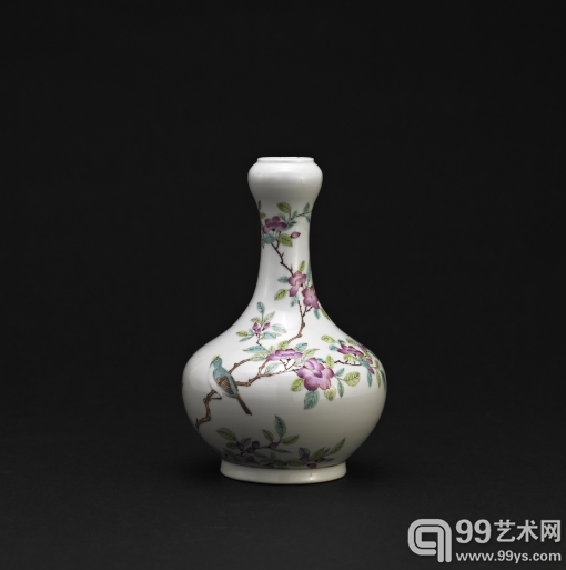 清光绪 粉彩花鸟纹蒜头瓶 H:22.5cm