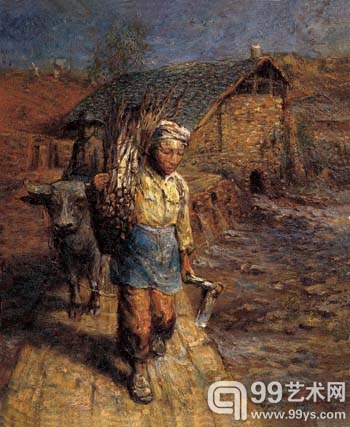 走在水堤上的农夫（60x50cm）