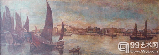上海历史博物馆收藏的一幅绘有上海开埠早期外滩风貌的油画，描绘了1857年的海关建筑。