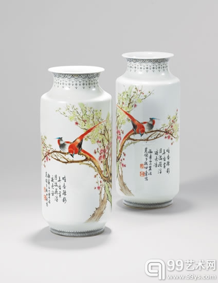 Lot540 田鹤仙 粉彩梅花雀鸟纹瓶（一对） - 副本
