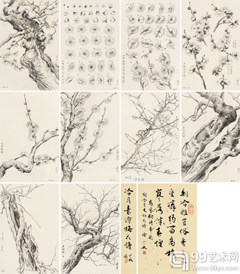 Lot888 陶冷月 冷月素绘梅花谱 册页（六十开） 铅笔纸本 