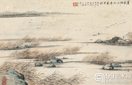 Lot886 陶冷月 芦荻湘江 镜片 设色纸本 1941年作 24×37cm 约0.8平尺