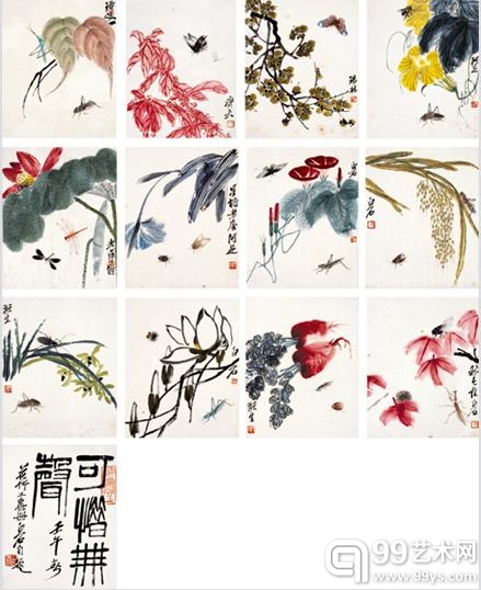 齐白石 1942年作 可惜无声·花鸟工虫册 （十三开） 2009秋 成交价：RMB 95,200,000