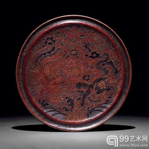 Lot119 明 嘉靖 戗金彩漆龙凤纹镜 直径 19.6cm 重 678.6g
