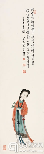Lot1029 溥儒_红袖凭栏 镜片 纸本设色 95×28cm_约2.4平尺
