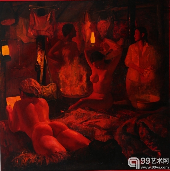 图四（拍品号A089  李斌 《油灯的记忆--青春》 186x90cm 布面油彩 2008年  估价1,200,000—1,600,000）