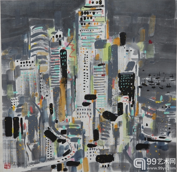 图六（拍品号A040  吴冠中 《香港之夜》 68.5x69cm  镜心 设色纸本  1990年  估价5,500,000-6,500,000）