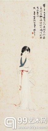 张大千 纨扇仕女图 设色纸本 立轴 1932年作 120×45.5cm