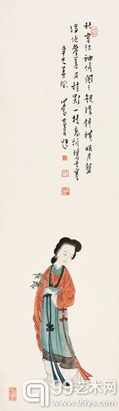 Lot 1029 溥儒 红袖凭栏 镜片 纸本设色 1941年作 95×28cm
