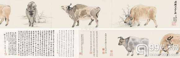 吴湖帆 临五牛图卷 22.0×217.5CM  手卷 设色纸本