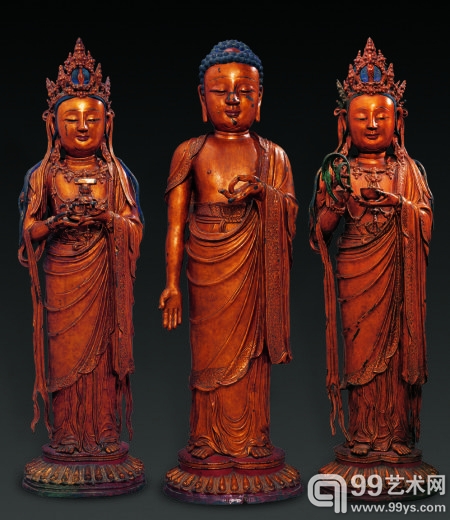 明 铜鎏金西方三圣佛 918.4万元 2008年北京翰海秋拍