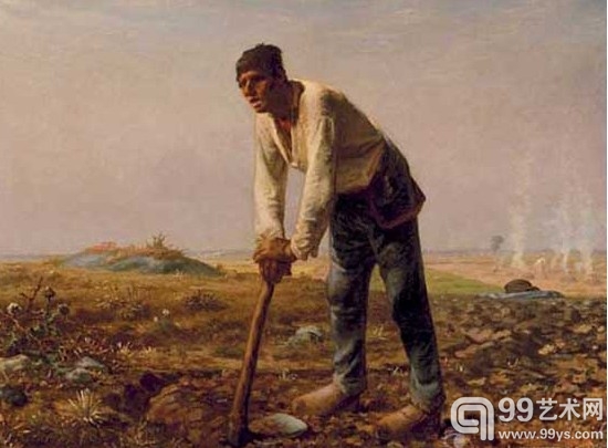 1862年米勒完成《扶锄的男子》，强烈地表现出生活痛苦的分量。在一片荒芜的土地上，一个青年农民正在扶锄喘气。这个人从早到晚难以直腰，只能偶然停下来，喘一口气。锄地的年轻人在暑热的田间倚锄而立，仰首喘息，抬头远望。似乎生活和劳动沉重的分量已经耗尽了他精力，而眼前还有大片的麦田等待着耕耘，远方则是城市朦胧的身影，那是不属于他的另一种生活。这无疑是一幅向社会挑战的作品，他描绘的是一个庄严的劳动者形象，画家在这里发出了一声凄厉的呐喊。
