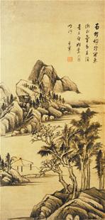 图为：董其昌山水轴（纸本，90㎝×43㎝）