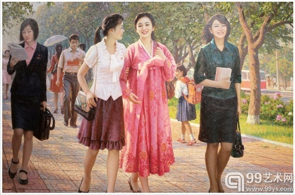 朝鲜一级艺术家李成旭作品《上班的路上》。在美国记者芭芭拉·德米克眼中，朝鲜是灰色或白色的。但在朝鲜艺术家的画作中，朝鲜是彩色的。
