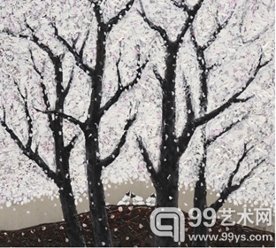 散子《Snowing Sakura》。油画。新加坡OVAS Art Gallery，于酒店客房2807室展出