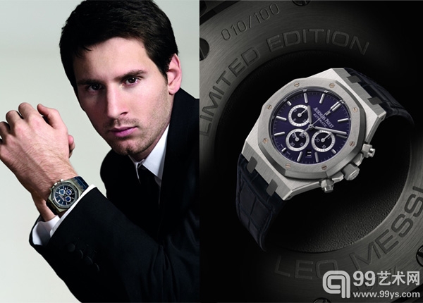 左： 里奥‧梅西佩戴他的“Royal Oak Chronograph Leo Messi”腕表  右： Royal Oak皇家橡树限量版腕表