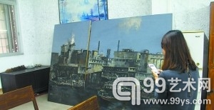 以龙江“江边旧区”为主题的罗灵画作。