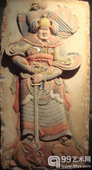 五代王处直墓贴金彩绘浮雕武士石刻