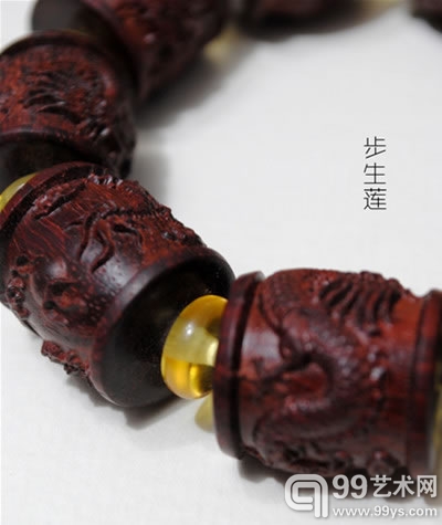 小叶紫檀配金珀精雕飞龙桶形手串