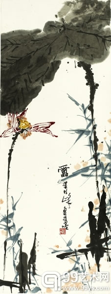 潘天寿  指墨红荷  132X50cm  估价：1600-2000万