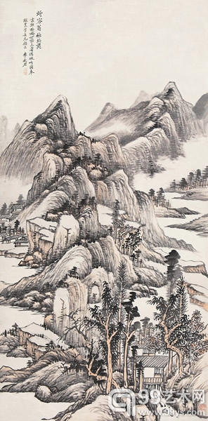 李秋君 《秋林远岫》设色纸本 立轴 107×53cm_副本