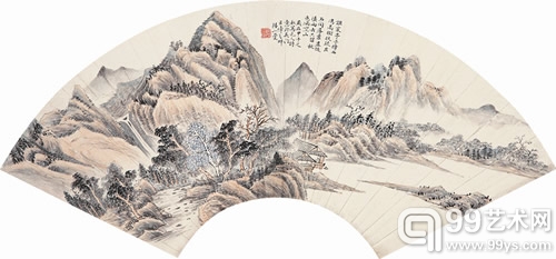 陆小曼 《秋山霁雨》设色纸本 扇片 19×52.5cm_副本