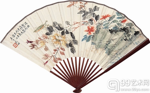 庞左玉 《秋园虫趣》设色纸本 成扇 18.5×50cm_副本