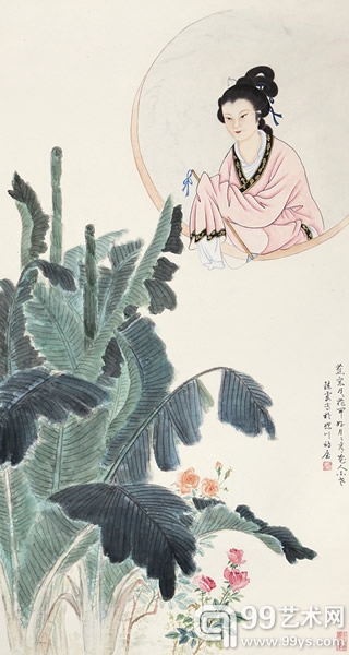 周炼霞 《蕉荫仕女》设色纸本 立轴 94.5×50cm_副本