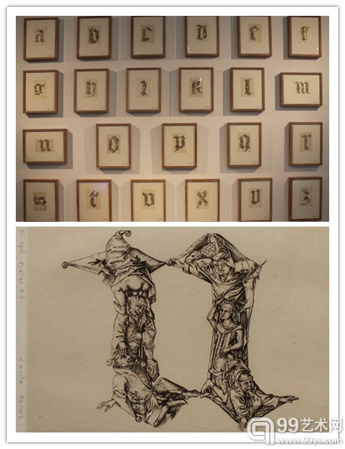 塞西尔·里姆斯《模仿版画师E.S.（15世纪）字母图谱》1980 干刻、雕凹线版画