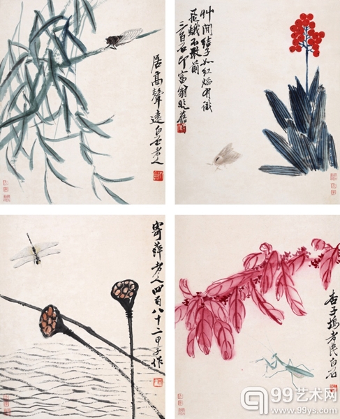 齐白石《花卉草虫册页》 35.3×28.2cm×4 约0.9平尺