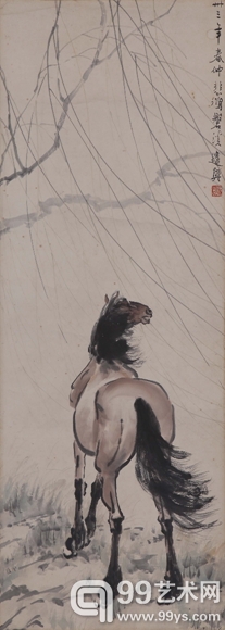 徐悲鸿 柳荫骏马 93×34cm 设色纸本 立轴