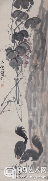 齐白石葡萄松鼠124.5×34cm 设色纸本立轴