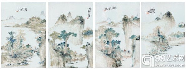 程门(b.1833-1908) 浅绛彩山水瓷板四件