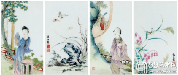 潘匋宇(b.1887-1926)、吴霭生(b.1886-1926) 粉彩人物、花鸟瓷板四件