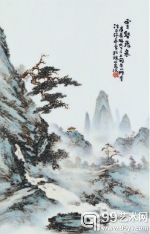 汪野亭(b.1884-1942) 云壑飞泉 粉彩瓷板