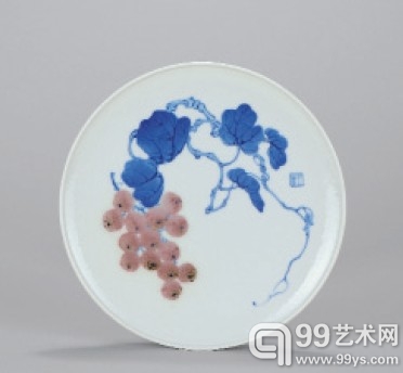 王步(b.1898-1968) 青花釉里红瓷盘