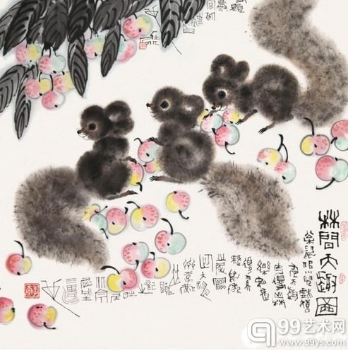 《三只小松鼠》 68x68cm