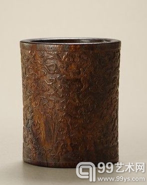 ·清早期·黄花梨雕海水福寿纹笔筒