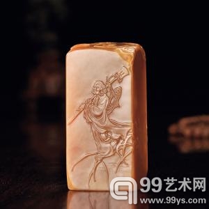 林文举作田黄石弥勒达摩人物薄意扁章　82g　福建东南2013春拍拍品