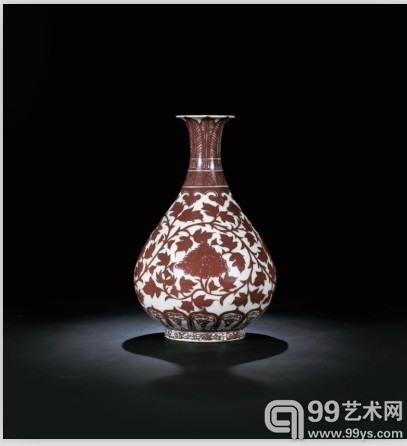 明洪武 釉里红缠枝牡丹纹玉壶春瓶 高 31.7cm