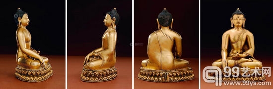 上图为西藏14世纪铜鎏金释迦牟尼像， 下图为明永乐鎏金地藏王菩萨像。