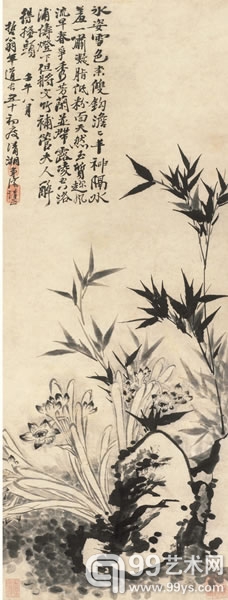 石涛 水仙竹石 立轴