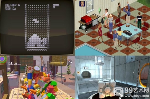Views of various games on display at MoMA’s Applied Design show, including (clockwise from top left) “Tetris” (1984), “The Sims” (2000), “Value” (2005–2007), and “Katamari Damacy” (2003). (all images courtesy MoMA)
