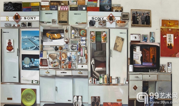 董媛，《姥姥家》–老舅那屋西面（局部），布面油画和丙烯，250X500cm，2013 