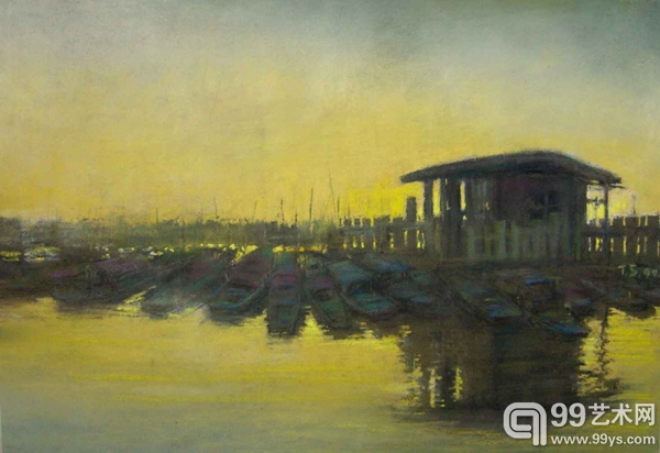 粉画 归舟