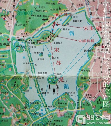 杭州西湖宋代苏堤与今苏堤的位置图
